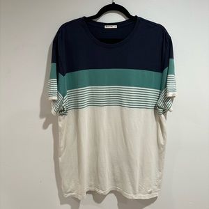 Men’s Marine Layer Signature Crew Tee in Navy and Green Stripe, size Large